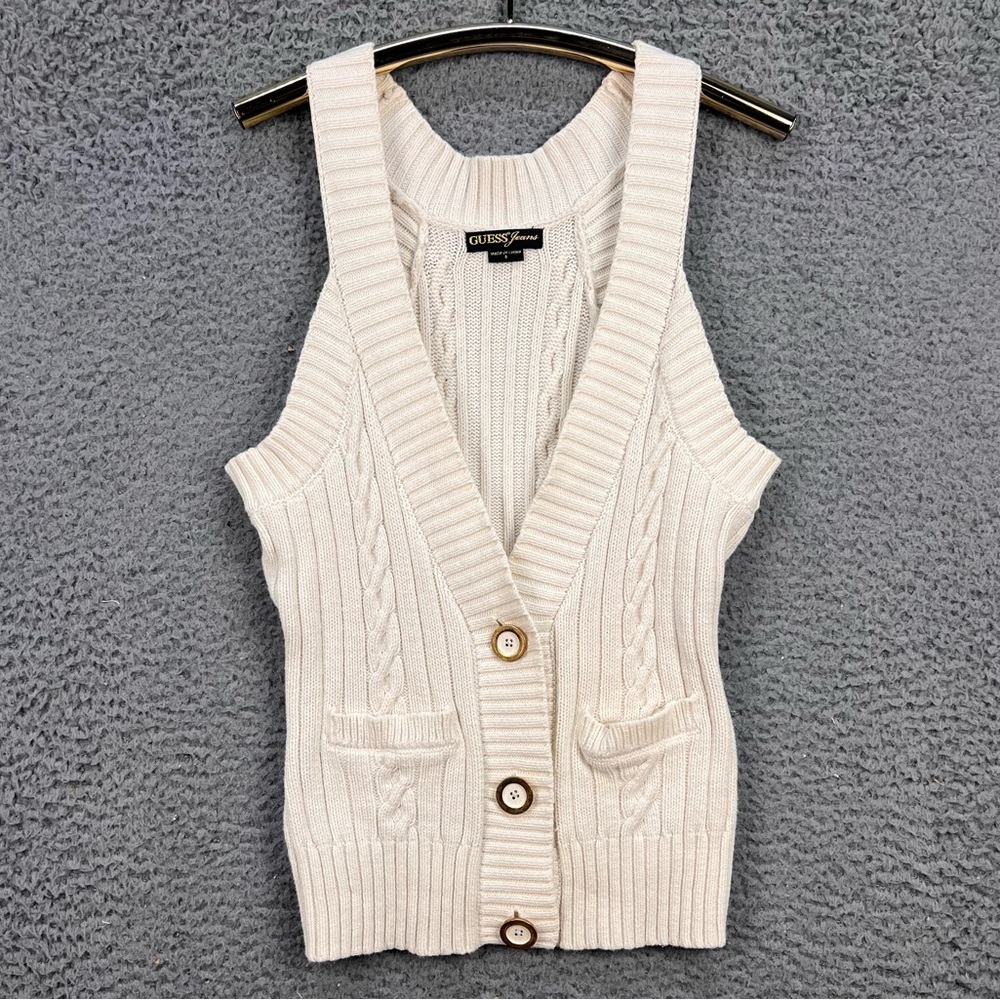 Guess Jeans Sleeveless Knit Sweater Vest Small Cream/Beige 3 Button Top V-Neck